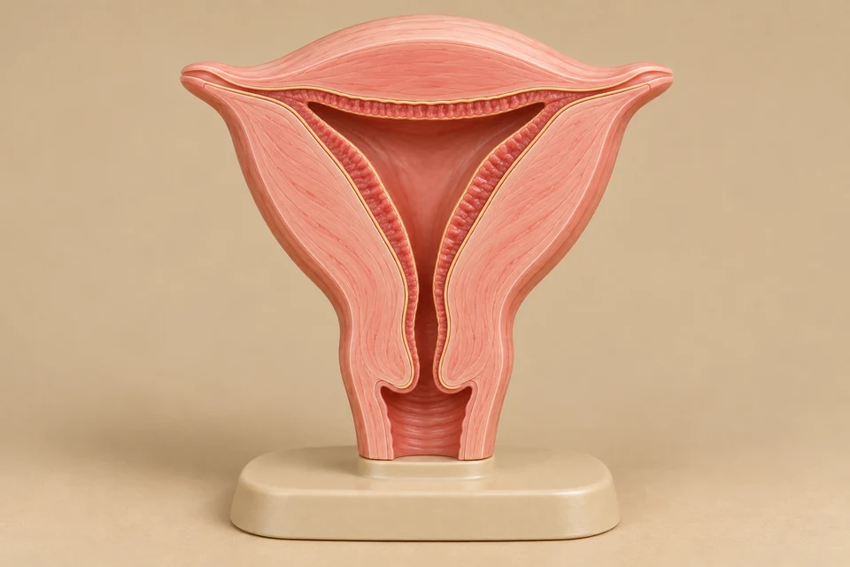 Modelo anatômico didático do corpo uterino em corte, mostrando o endométrio
